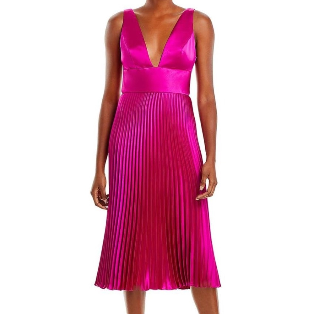 Amsale -‎ Fuchsia Pleated Satin Midi Dress